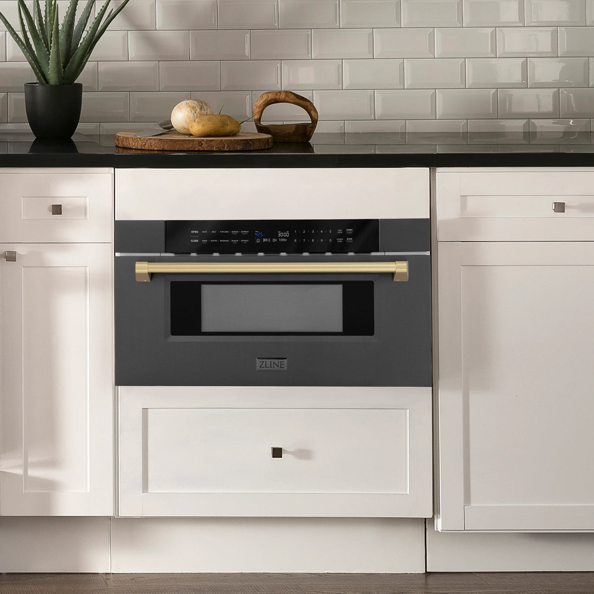 ZLINE - Autograph Edition 30&quot; 1.2 cu. ft. Built-in Microwave Drawer in Black Stainless Steel and Champagne Bronze Accents