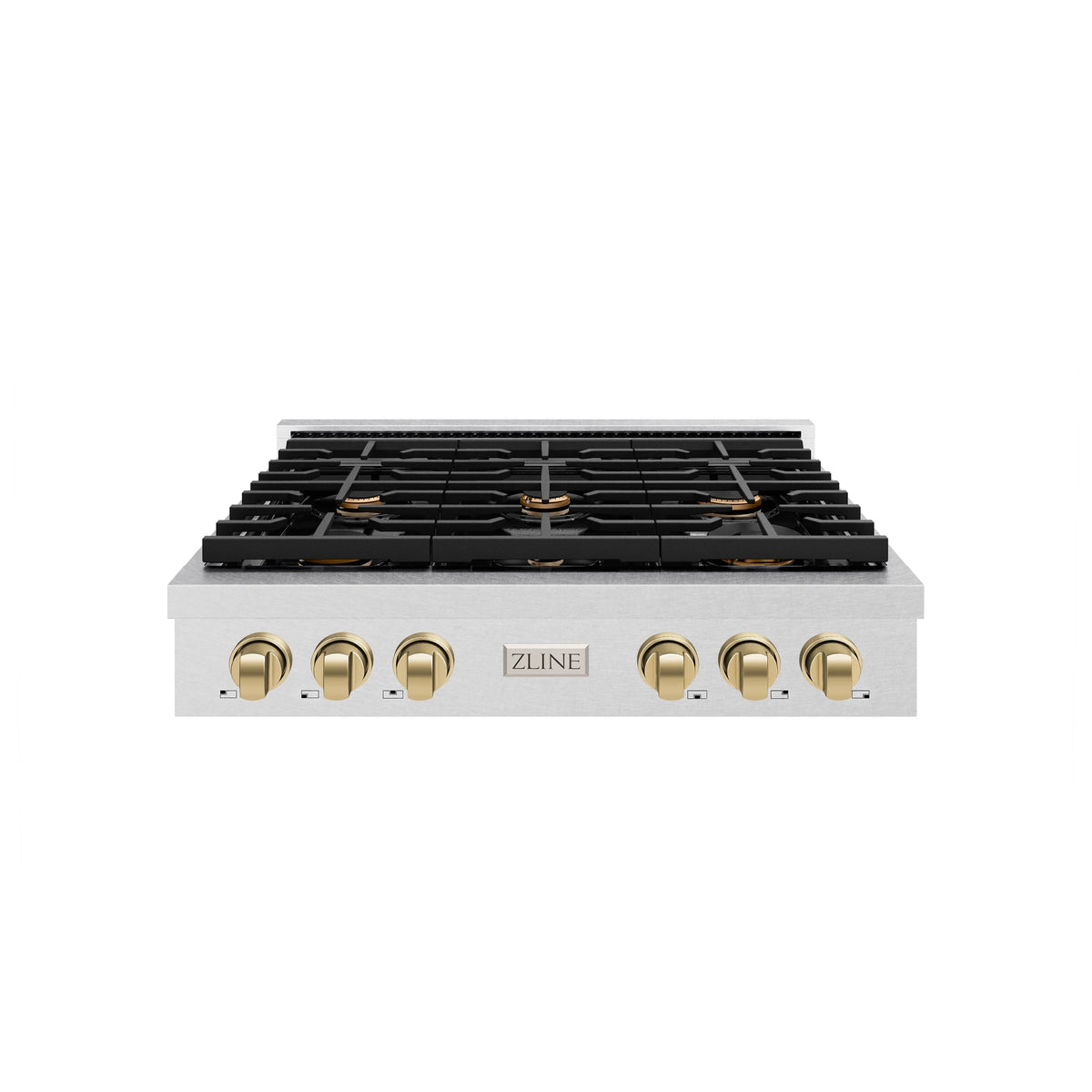 ZLINE - 36 in. Autograph Edition Paramount Gas Rangetop with 6 Burners and Porcelain Cooktop in Satin Stainless Steel with Champagne Bronze Accents