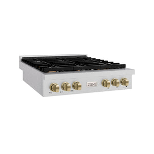 ZLINE - 36 in. Autograph Edition Paramount Gas Rangetop with 6 Burners and Porcelain Cooktop in Satin Stainless Steel with Champagne Bronze Accents