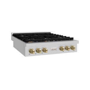 ZLINE - 36 in. Autograph Edition Paramount Gas Rangetop with 6 Burners and Porcelain Cooktop in Stainless Steel with Champagne Bronze Accents