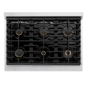 ZLINE - 36 in. Autograph Edition Paramount Gas Rangetop with 6 Burners and Porcelain Cooktop in Stainless Steel with Champagne Bronze Accents