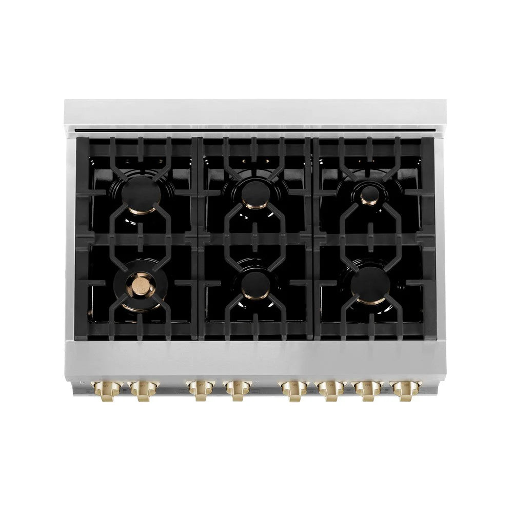 ZLINE - Autograph Edition 36 in. 4.6 cu. ft. Legacy Dual Fuel Range with 6 Burner Gas Cooktop and Electric Convection Oven in Stainless Steel with White Matte Door and Polished Gold Accents