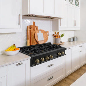 ZLINE - Autograph Edition 36 in. Legacy Gas Rangetop with 6 Burners and Porcelain Cooktop in Black Stainless Steel with Champagne Bronze Accents