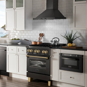 ZLINE Autograph Edition 30" 4.0 cu. ft. Dual Fuel Range, Gas Stove, Electric Oven in Black Stainless Steel with Champagne Bronze Accents