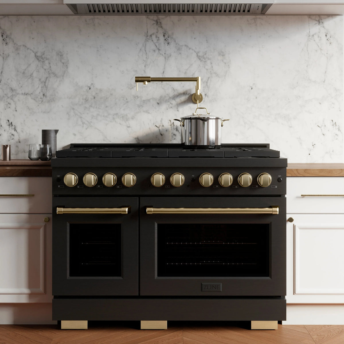 ZLINE - Autograph Edition 48 in. 6.7 cu. ft. Paramount Double Oven Dual Fuel Range with 8 Burner Gas Cooktop in Black Stainless Steel and Champagne Bronze Accents