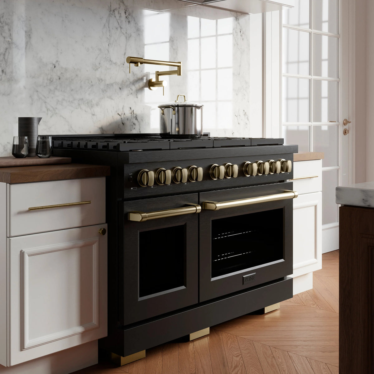 ZLINE - Autograph Edition 48 in. 6.7 cu. ft. Paramount Double Oven Dual Fuel Range with 8 Burner Gas Cooktop in Black Stainless Steel and Champagne Bronze Accents