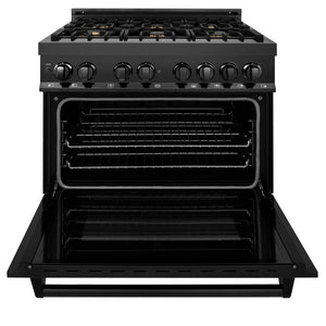 ZLINE - Kitchen Package with Black Stainless Steel Refrigeration, 36" Dual Fuel Range, 36" Range Hood, Microwave Drawer, and 24" Tall Tub Dishwasher