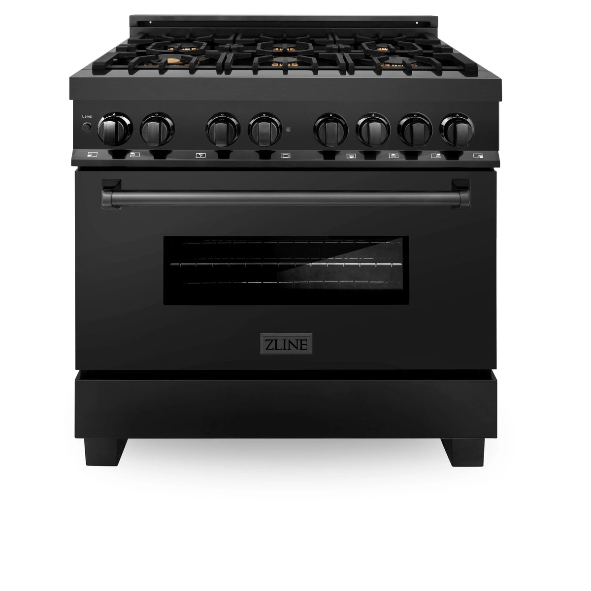 ZLINE - 36&quot; 4.6 cu. ft. Dual Fuel Range with Gas Stove and Electric Oven in Black Stainless Steel with Brass Burners (RAB-BR-36)