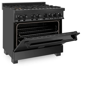 ZLINE - Kitchen Package with Black Stainless Steel Refrigeration, 36" Dual Fuel Range, 36" Range Hood, Microwave Drawer, and 24" Tall Tub Dishwasher