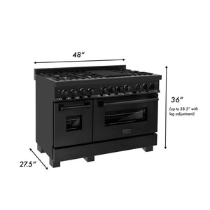 ZLINE 48" Kitchen Package with Black Stainless Steel Dual Fuel Range, Convertible Vent Range Hood and Dishwasher