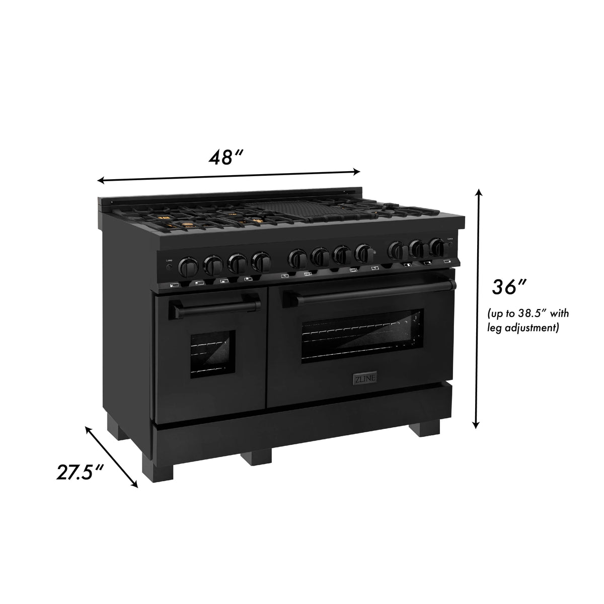 ZLINE - 48&quot; 6.0 cu. ft. Dual Fuel Range with Gas Stove and Electric Oven in Black Stainless Steel with Brass Burners (RAB-BR-48)