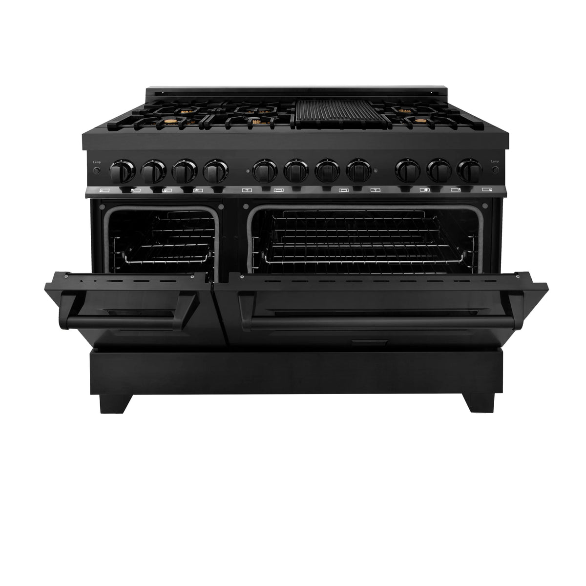 ZLINE - 48&quot; 6.0 cu. ft. Dual Fuel Range with Gas Stove and Electric Oven in Black Stainless Steel with Brass Burners (RAB-BR-48)
