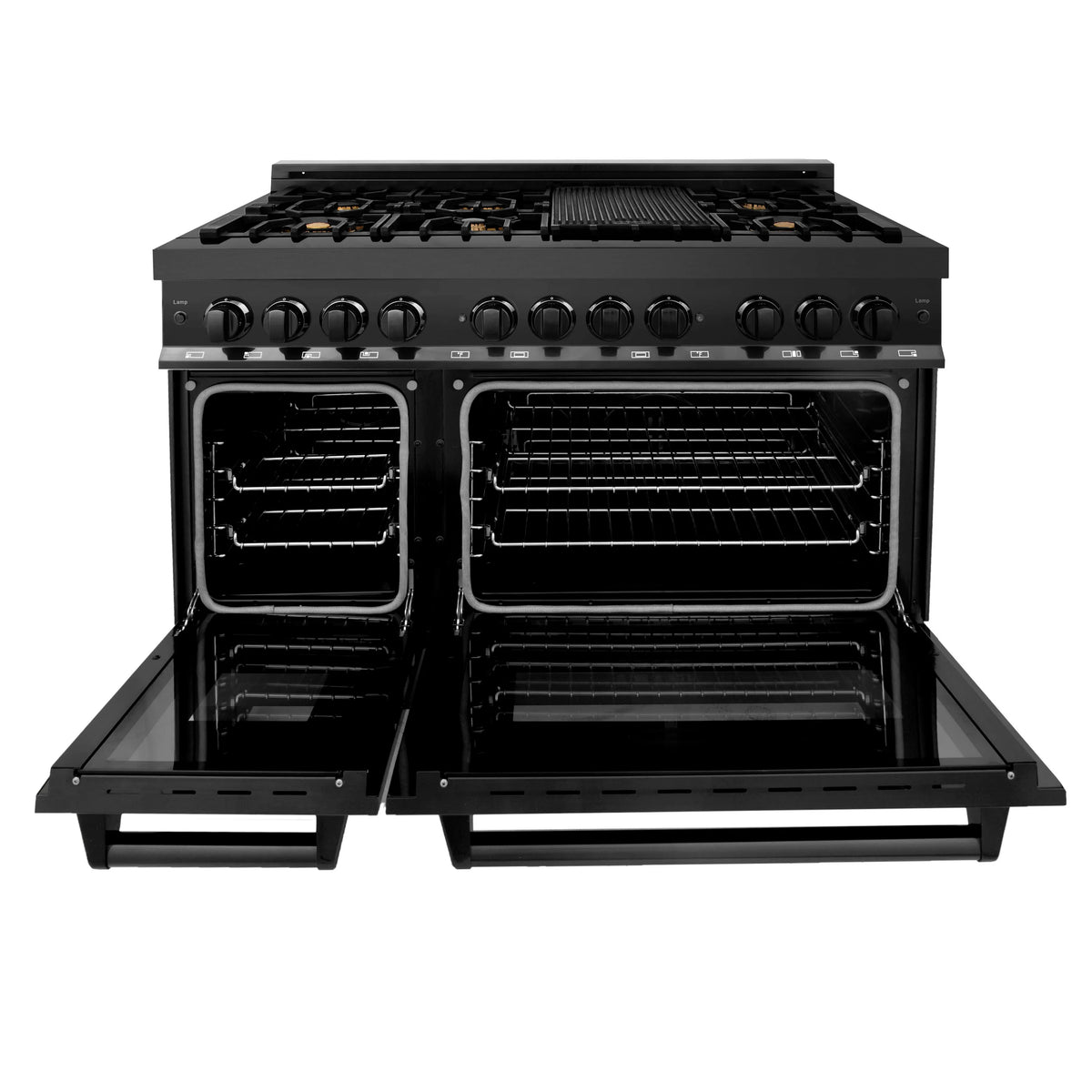 ZLINE - 48&quot; 6.0 cu. ft. Dual Fuel Range with Gas Stove and Electric Oven in Black Stainless Steel with Brass Burners (RAB-BR-48)