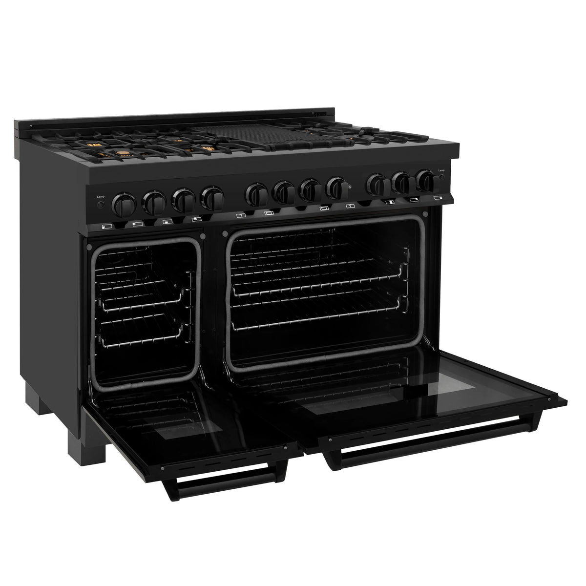 ZLINE - 48&quot; 6.0 cu. ft. Dual Fuel Range with Gas Stove and Electric Oven in Black Stainless Steel with Brass Burners (RAB-BR-48)