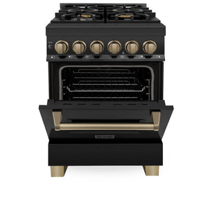 ZLINE - Autograph Edition 24 in. 2.8 cu. ft. Legacy Dual Fuel Range with 4 Burner Gas Cooktop and Electric Convection Oven in Black Stainless Steel and Champagne Bronze Accents