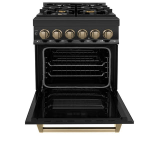 ZLINE - Autograph Edition 24 in. 2.8 cu. ft. Legacy Dual Fuel Range with 4 Burner Gas Cooktop and Electric Convection Oven in Black Stainless Steel and Champagne Bronze Accents