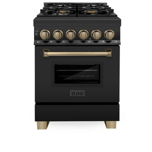 ZLINE - Autograph Edition 24 in. 2.8 cu. ft. Legacy Dual Fuel Range with 4 Burner Gas Cooktop and Electric Convection Oven in Black Stainless Steel and Champagne Bronze Accents