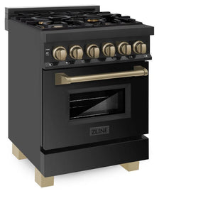 ZLINE - Autograph Edition 24 in. 2.8 cu. ft. Legacy Dual Fuel Range with 4 Burner Gas Cooktop and Electric Convection Oven in Black Stainless Steel and Champagne Bronze Accents