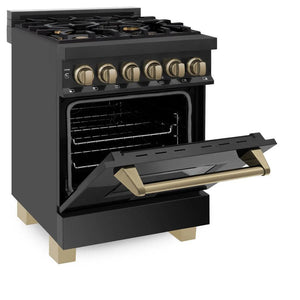 ZLINE - Autograph Edition 24 in. 2.8 cu. ft. Legacy Dual Fuel Range with 4 Burner Gas Cooktop and Electric Convection Oven in Black Stainless Steel and Champagne Bronze Accents