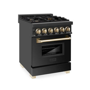ZLINE - Autograph Edition 24 in. 2.8 cu. ft. Legacy Dual Fuel Range with 4 Burner Gas Cooktop and Electric Convection Oven in Black Stainless Steel and Polished Gold Accents