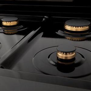 ZLINE Autograph Edition 30" 4.0 cu. ft. Dual Fuel Range, Gas Stove, Electric Oven in Black Stainless Steel with Champagne Bronze Accents