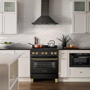 ZLINE Autograph Edition 30" 4.0 cu. ft. Dual Fuel Range, Gas Stove, Electric Oven in Black Stainless Steel with Champagne Bronze Accents