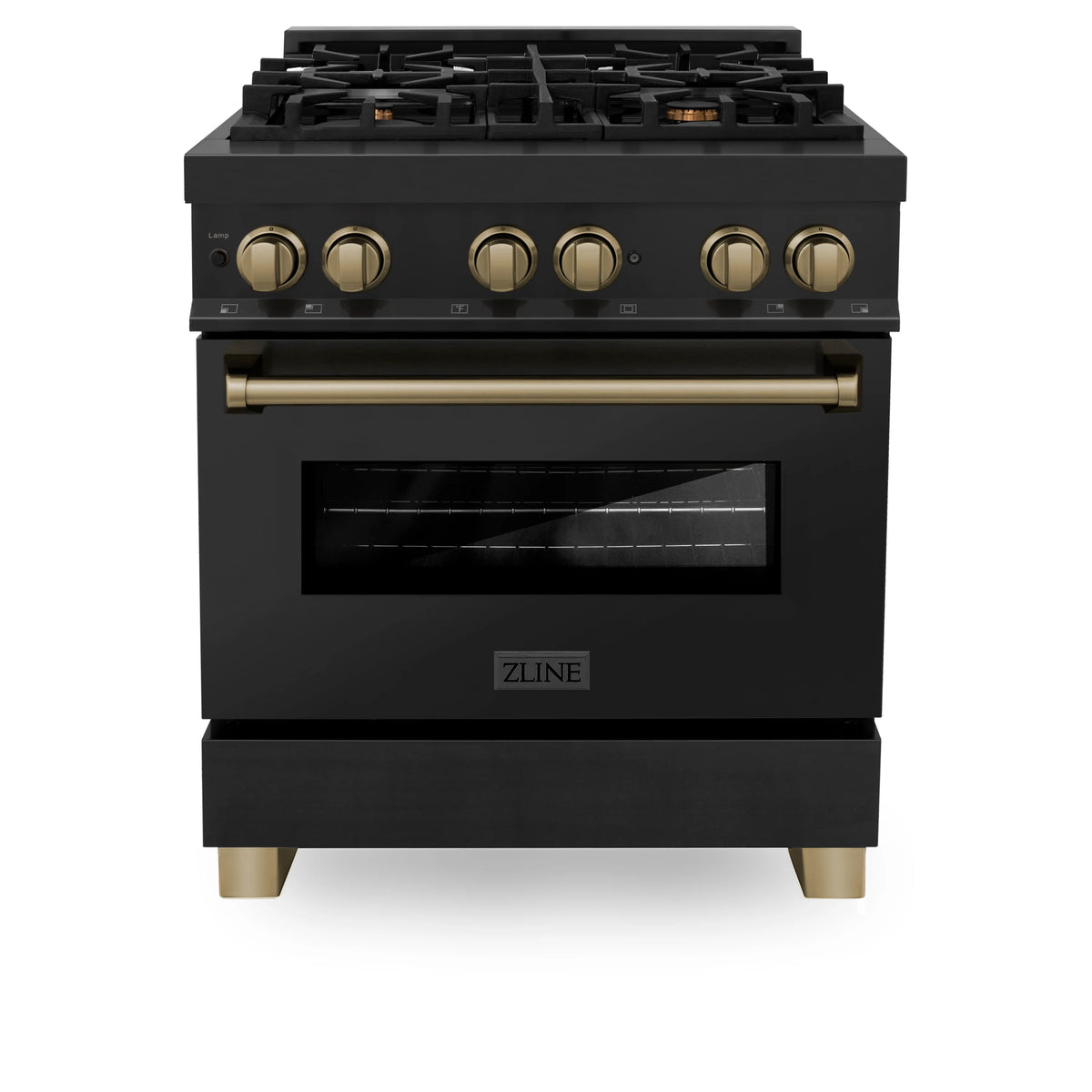 ZLINE - Autograph Edition 30&quot; 4.0 cu. ft. Dual Fuel Range, Gas Stove, Electric Oven in Black Stainless Steel with Champagne Bronze Accents