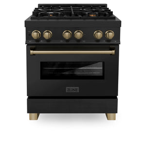 ZLINE Autograph Edition 30" 4.0 cu. ft. Dual Fuel Range, Gas Stove, Electric Oven in Black Stainless Steel with Champagne Bronze Accents