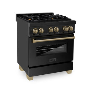 ZLINE Autograph Edition 30" 4.0 cu. ft. Dual Fuel Range, Gas Stove, Electric Oven in Black Stainless Steel with Champagne Bronze Accents