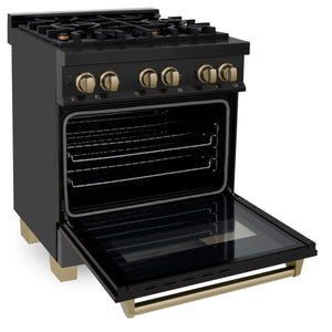 ZLINE Autograph Edition 30" 4.0 cu. ft. Dual Fuel Range, Gas Stove, Electric Oven in Black Stainless Steel with Champagne Bronze Accents