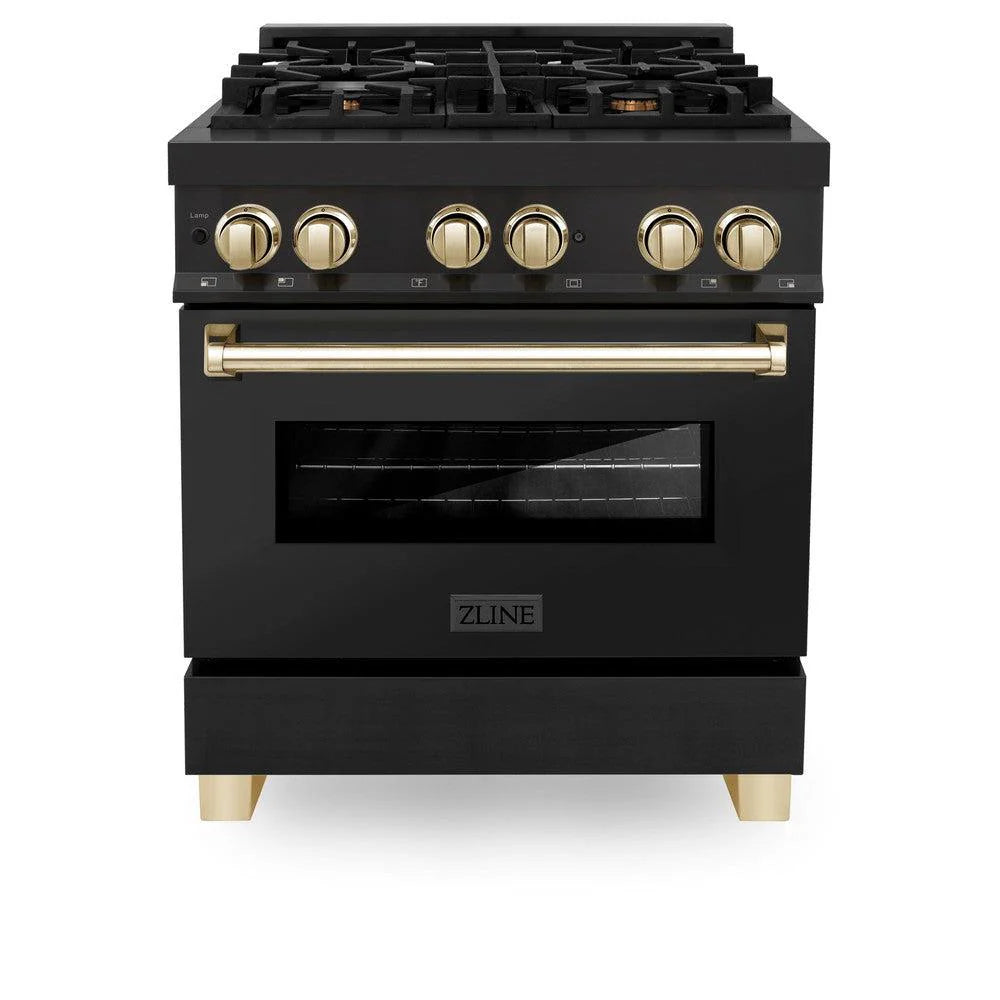 ZLINE - Autograph Edition 30 in. 4.0 cu. ft. Legacy Dual Fuel Range with 4 Burner Gas Cooktop and Electric Convection Oven in Black Stainless Steel and Polished Gold Accents