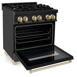 ZLINE - 30" Autograph Edition Kitchen Package with Black Stainless Steel Dual Fuel Range and Range Hood with Gold Accents (2AKP-RABRH30-G)