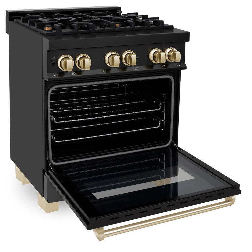 ZLINE - Autograph Edition 30 in. 4.0 cu. ft. Legacy Dual Fuel Range with 4 Burner Gas Cooktop and Electric Convection Oven in Black Stainless Steel and Polished Gold Accents