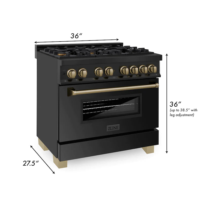 ZLINE - Autograph Edition 36&quot; 4.6 cu. ft. Dual Fuel Range, Gas Stove, and Electric Oven in Blk Stainless Steel with Champagne Bronze Accents