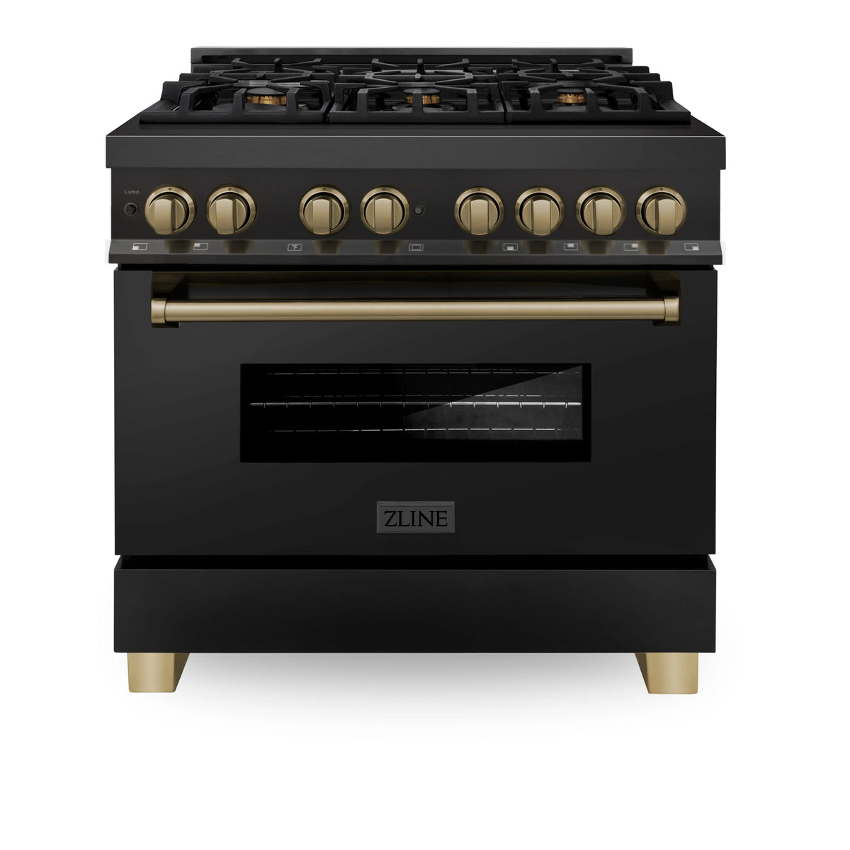ZLINE - 36&quot; Autograph Edition Kitchen Package, Black Stainless Steel Dual Fuel Range, Range Hood, Dishwasher, Refrigeration, Champagne Bronze Accents