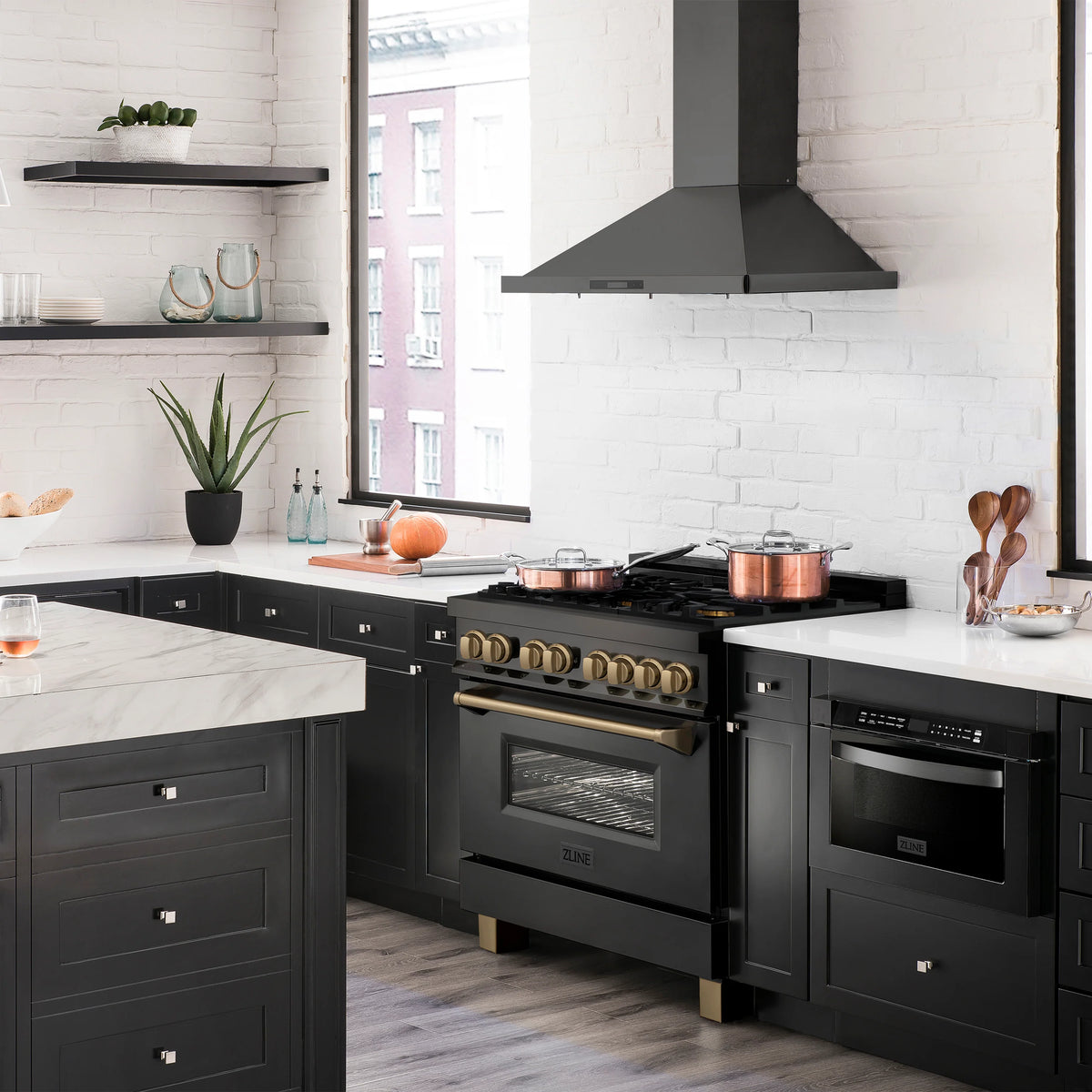 ZLINE - 36&quot; Autograph Edition Kitchen Package, Black Stainless Steel Dual Fuel Range, Range Hood, Dishwasher, Refrigeration, Champagne Bronze Accents