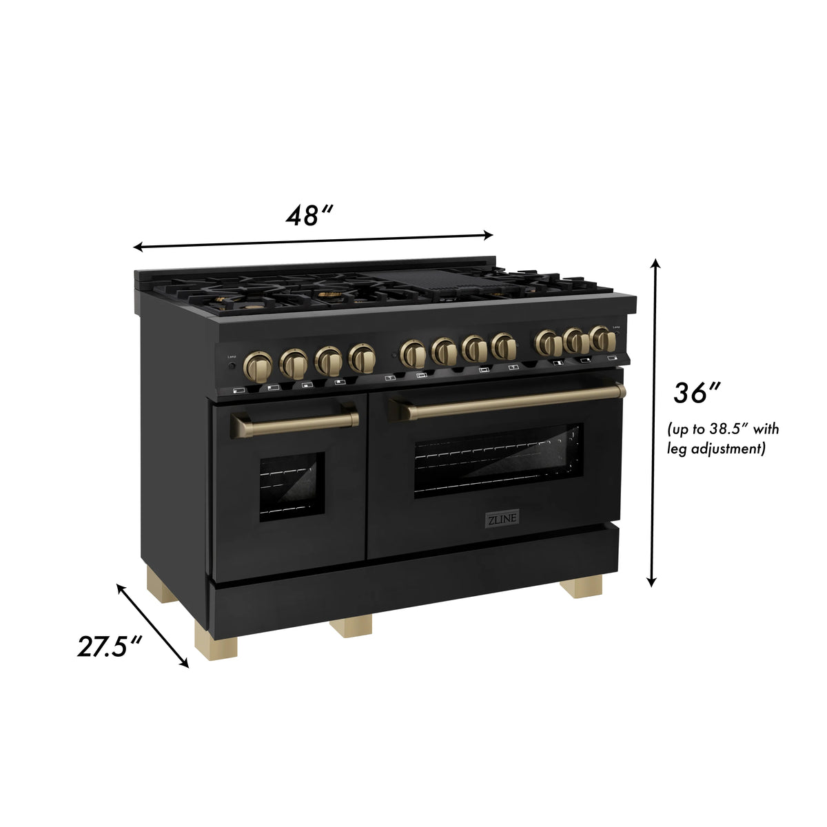 ZLINE - 48&quot; Autograph Edition Kitchen Package, Black Stainless Steel Dual Fuel Range, Range Hood, Dishwasher, Refrigeration, Champagne Bronze Accents