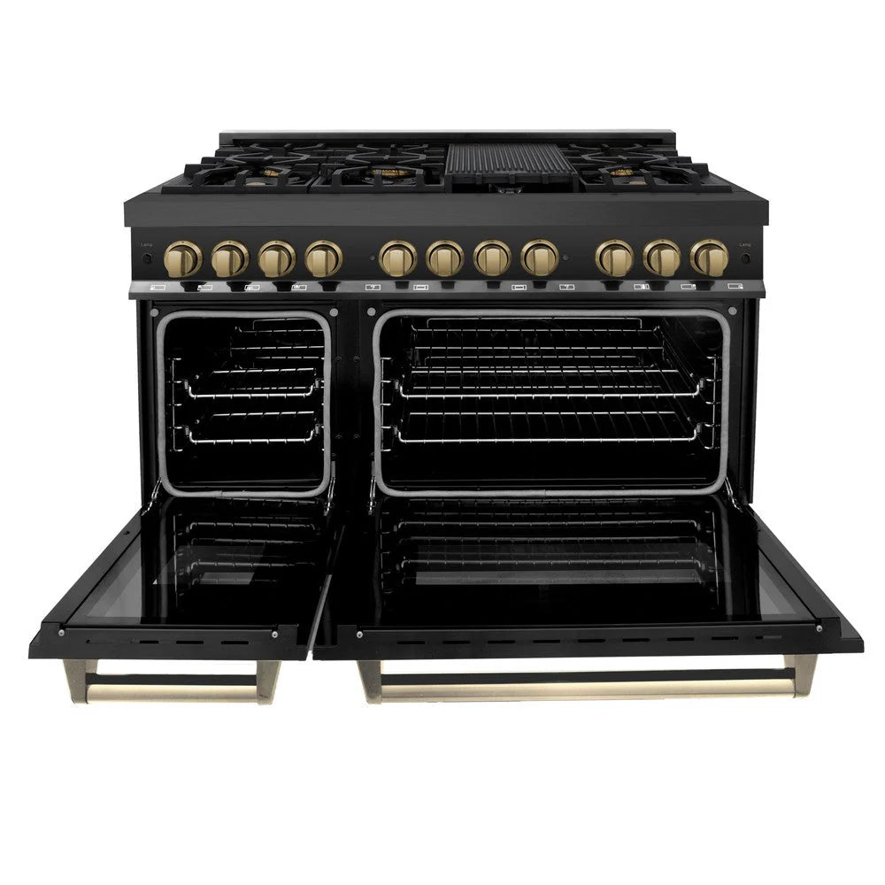 ZLINE - Autograph Edition 48 in. 6.0 cu. ft. Legacy Dual Fuel Range with 7 Burner Gas Cooktop and 2 Electric Ovens in Black Stainless Steel and Champagne Bronze Accents
