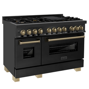 ZLINE 48" Autograph Edition Kitchen Package, Black Stainless Steel Dual Fuel Range, Range Hood, Dishwasher, Refrigeration, Champagne Bronze Accents
