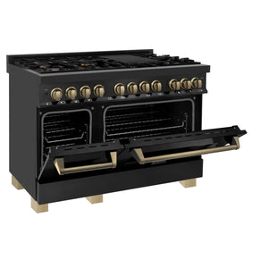 ZLINE 48" Autograph Edition Kitchen Package, Black Stainless Steel Dual Fuel Range, Range Hood, Dishwasher, Refrigeration, Champagne Bronze Accents
