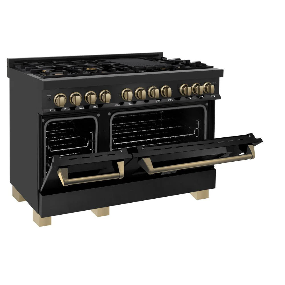 ZLINE - Autograph Edition 48 in. 6.0 cu. ft. Legacy Dual Fuel Range with 7 Burner Gas Cooktop and 2 Electric Ovens in Black Stainless Steel and Champagne Bronze Accents