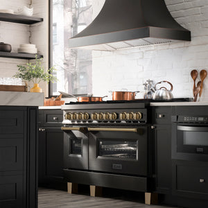 ZLINE 48" Autograph Edition Kitchen Package, Black Stainless Steel Dual Fuel Range, Range Hood, Dishwasher, Refrigeration, Champagne Bronze Accents