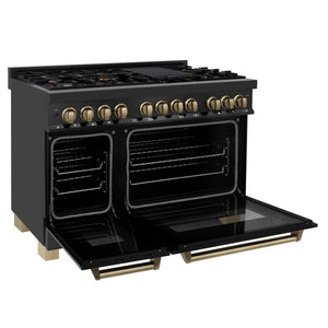 ZLINE 48" Autograph Edition Kitchen Package, Black Stainless Steel Dual Fuel Range, Range Hood, Dishwasher, Refrigeration, Champagne Bronze Accents