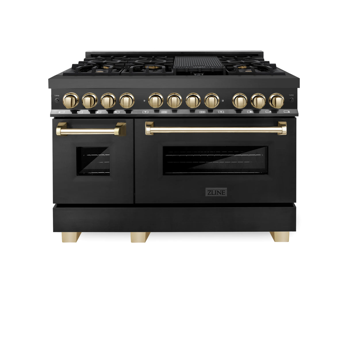 ZLINE - Autograph Edition 48&quot; 6.0 cu. ft. Dual Fuel Range with Gas Stove and Electric Oven in Black Stainless Steel with Gold Accents (RABZ-48-G)