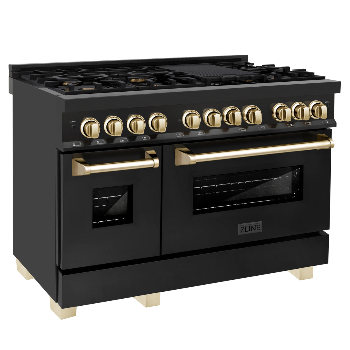 ZLINE - 48&quot; Autograph Edition Kitchen Package with Black Stainless Steel Dual Fuel Range, Range Hood, Dishwasher and Refrigeration with Gold Accents