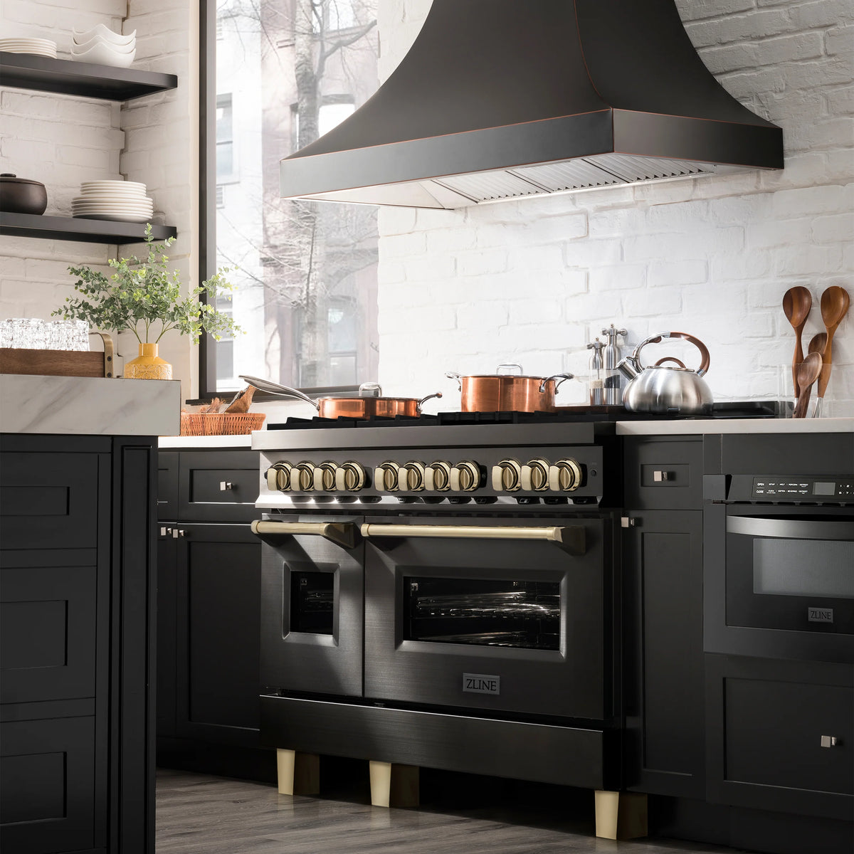 ZLINE - 36&quot; Autograph Edition Kitchen Package with Black Stainless Steel Dual Fuel Range, Range Hood and Dishwasher with Gold Accents