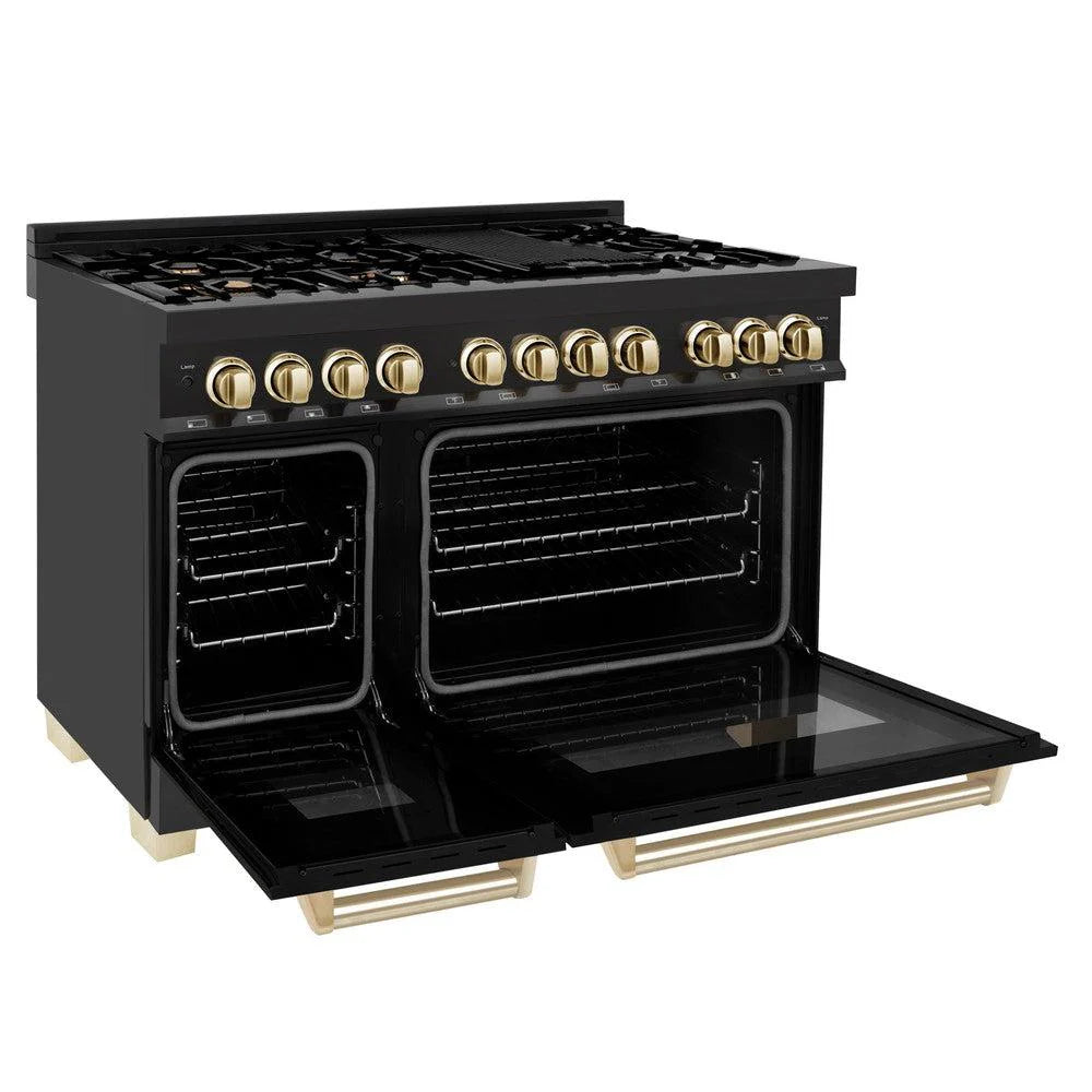 ZLINE - 48&quot; Autograph Edition Kitchen Package with Black Stainless Steel Dual Fuel Range and Range Hood with Gold Accents (2AKP-RABRH48-G)