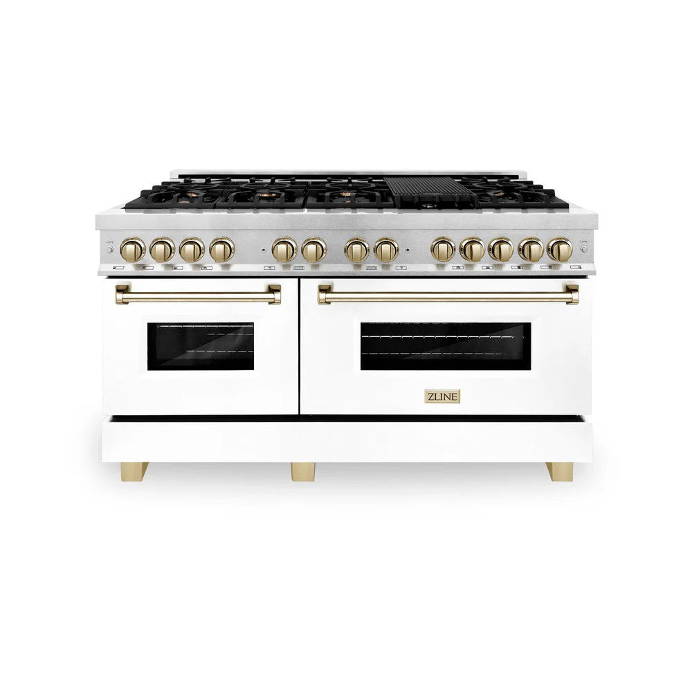 ZLINE - Autograph Edition 60 in. 7.4 cu. ft. Legacy Dual Fuel Range with 9 Burner Gas Cooktop and 2 Electric Convection Ovens in Stainless Steel with White Matte Doors and Polished Gold Accents