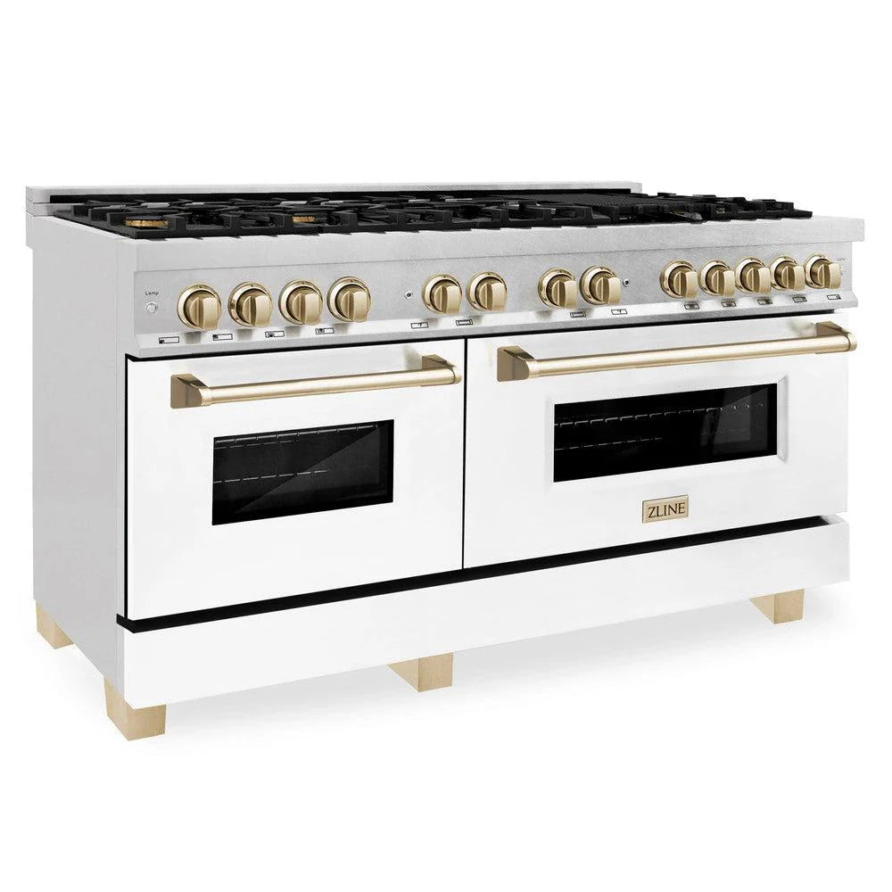 ZLINE - Autograph Edition 60 in. 7.4 cu. ft. Legacy Dual Fuel Range with 9 Burner Gas Cooktop and 2 Electric Convection Ovens in Stainless Steel with White Matte Doors and Polished Gold Accents