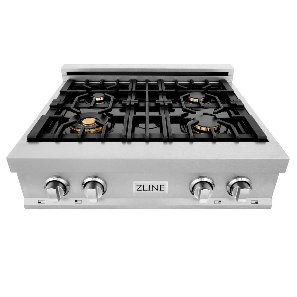 ZLINE - 30 in. Legacy Gas Rangetop with 4 Brass Burners and Porcelain Cooktop in Satin Stainless Steel